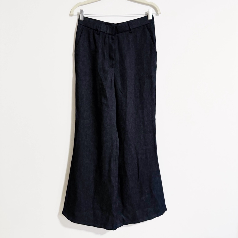 OGL - Navy European Linen Mid Rise Flared Pant with Pockets - Picture 2 of 6